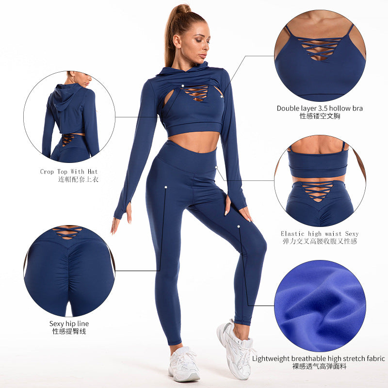 3pcs Sports Suits Long Sleeve Hooded Top Hollow Design