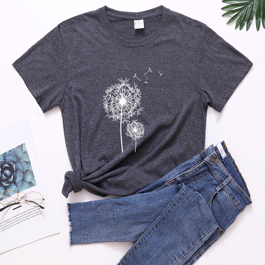 Dandelion Print Mid Length Short Sleeve T-Shirt