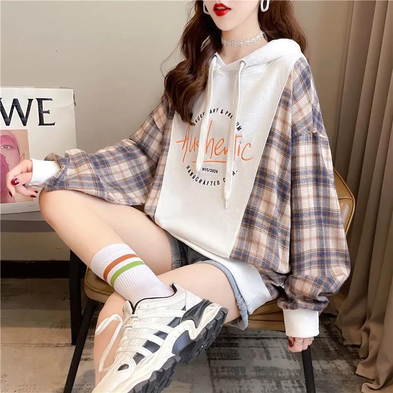 Women's Loose Plaid Stitching Hooded Sweatshirt