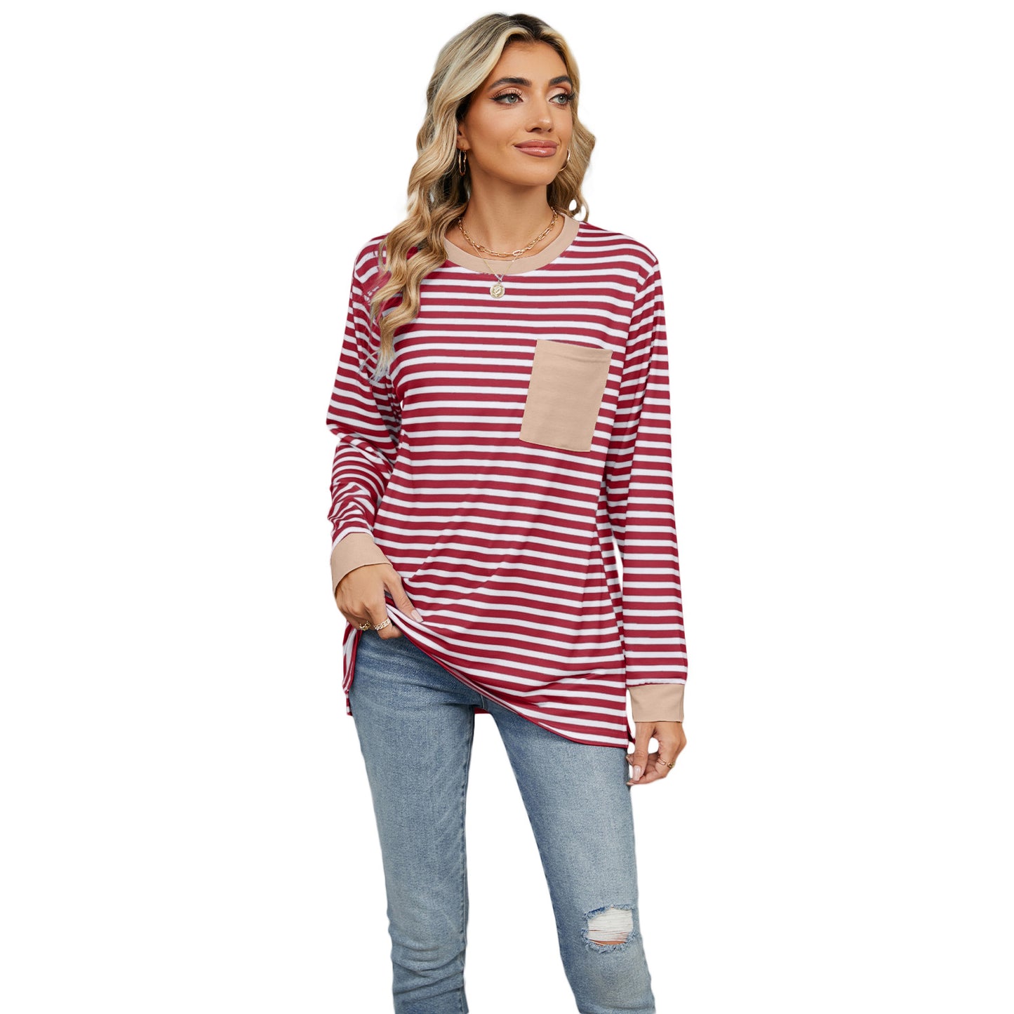 Women's Round Neck Pocket Split Upper Clothes
