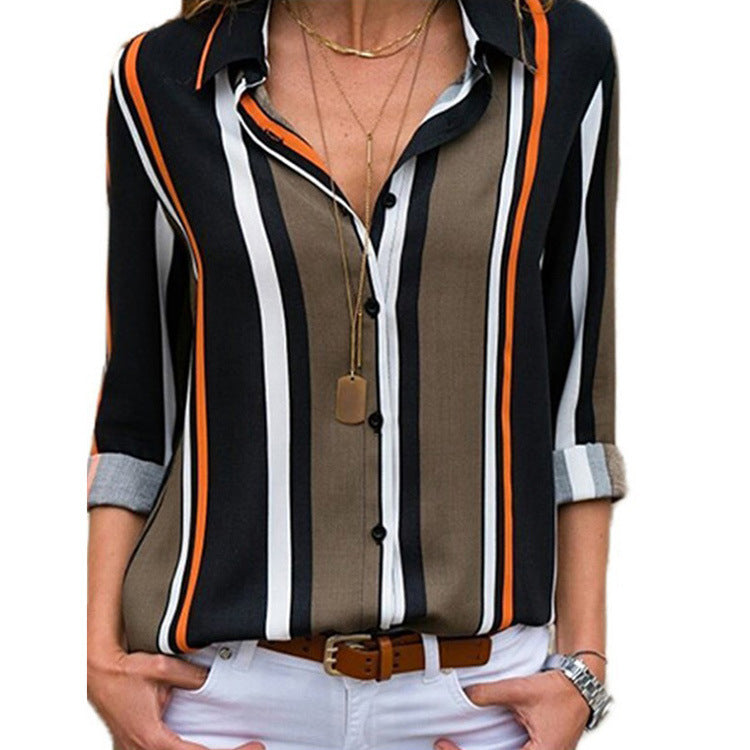 Striped Casual V-Neck Long Sleeve Chiffon Blouse Blouse