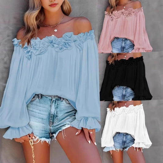 Casual Blouses Shoulder Off-Shoulder Long Sleeve Top Lotus