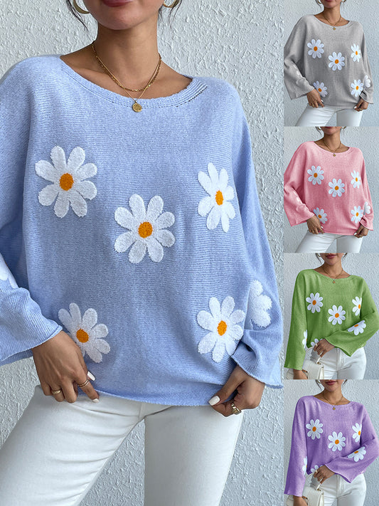 New Loose Bat Sleeve Sweater For Women Tops Embroidered