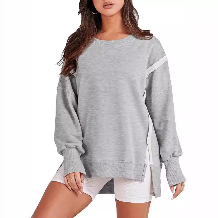 Round Neck Long Sleeve Hem Split Patchwork Sweater