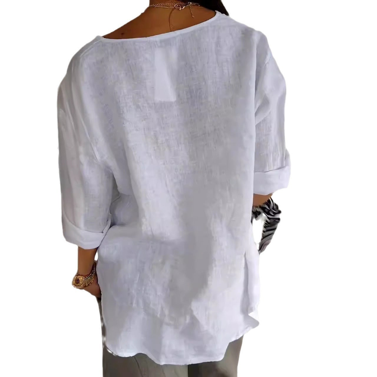 V-neck Long-sleeved T-shirt Fashion Loose Cotton And Linen