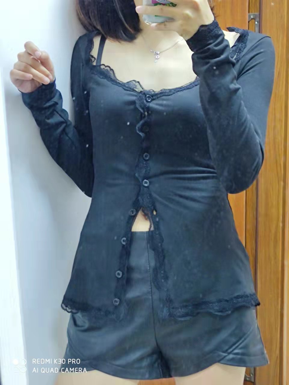 Lace Edge Bracket Collar Stretch Tight Cardigan Button Long Sleeve