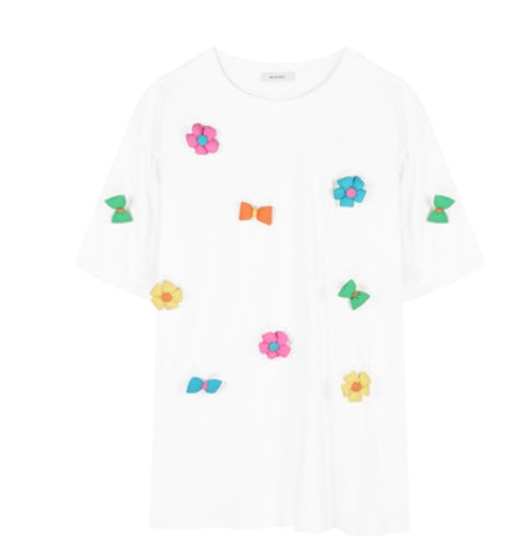 White 3D Flower Short Sleeve T Shirt