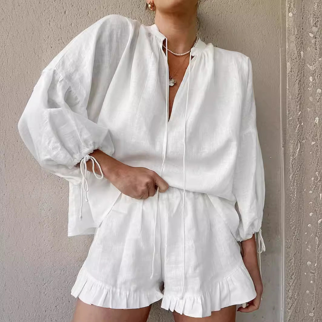 Lace-up Suits Loose V-neck Lantern Sleeve Top And Ruffles