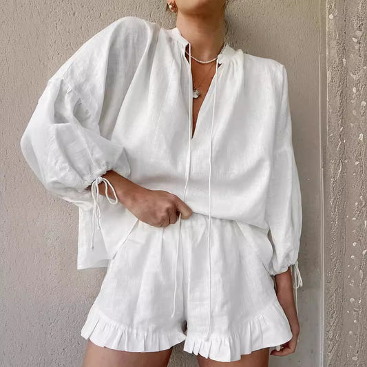 Lace-up Suits Loose V-neck Lantern Sleeve Top And Ruffles