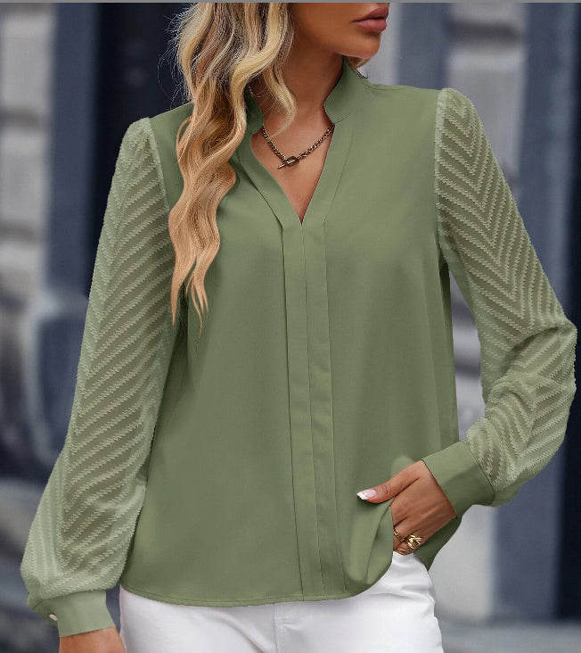 V-neck Long-sleeved Chiffon Shirt Lace Stitching  Tops