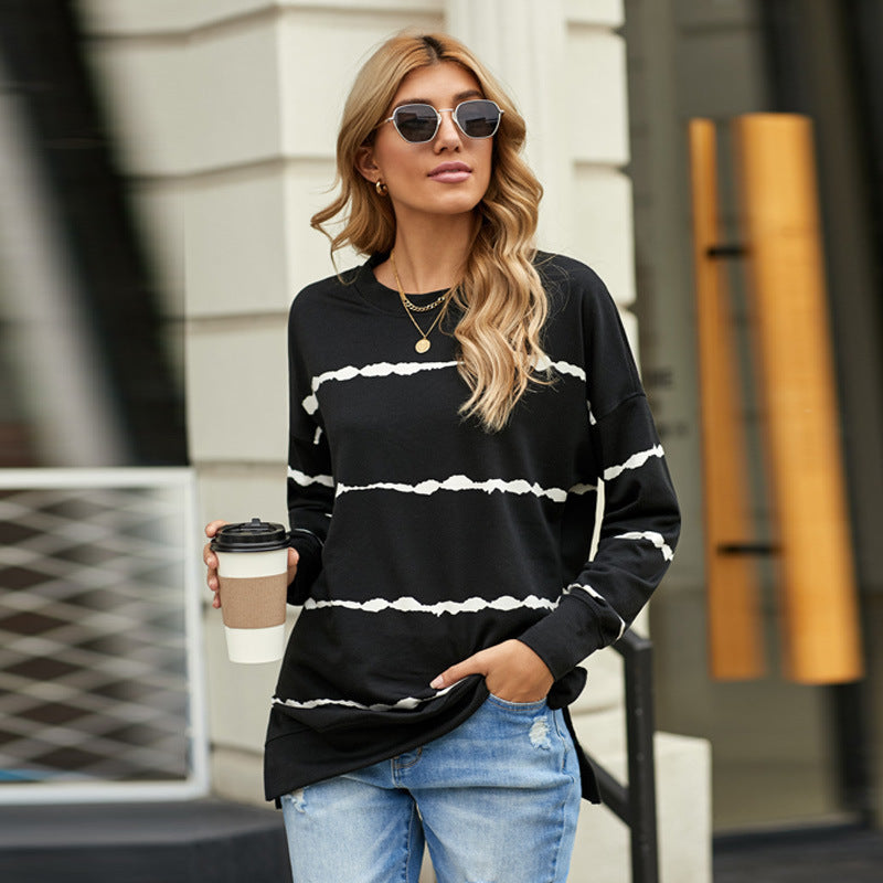 Women's Loose Long-Sleeved Hoodless Striped Printed Sweater