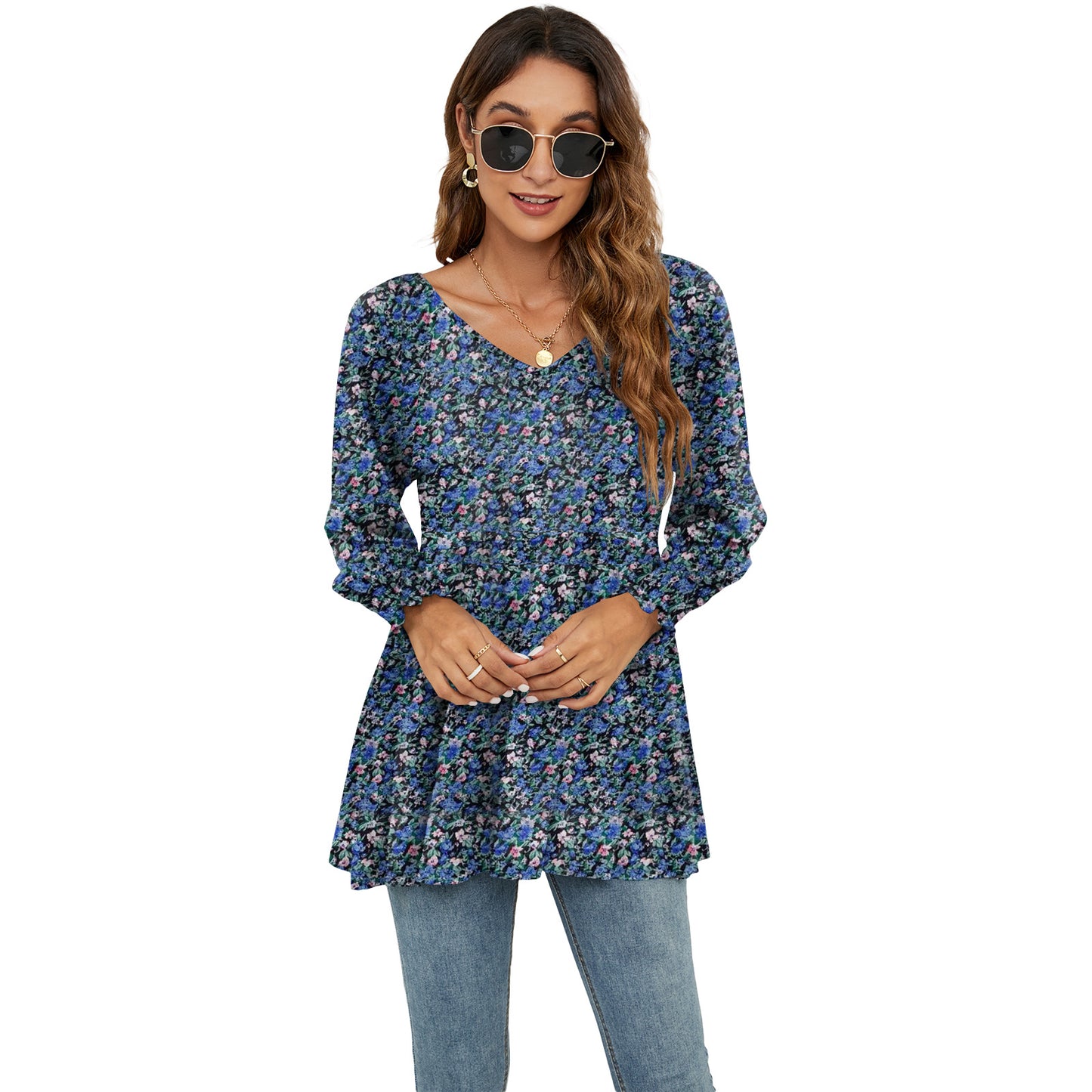 Long Puff Sleeve Tops Women Flowers Print Casual V-Neck