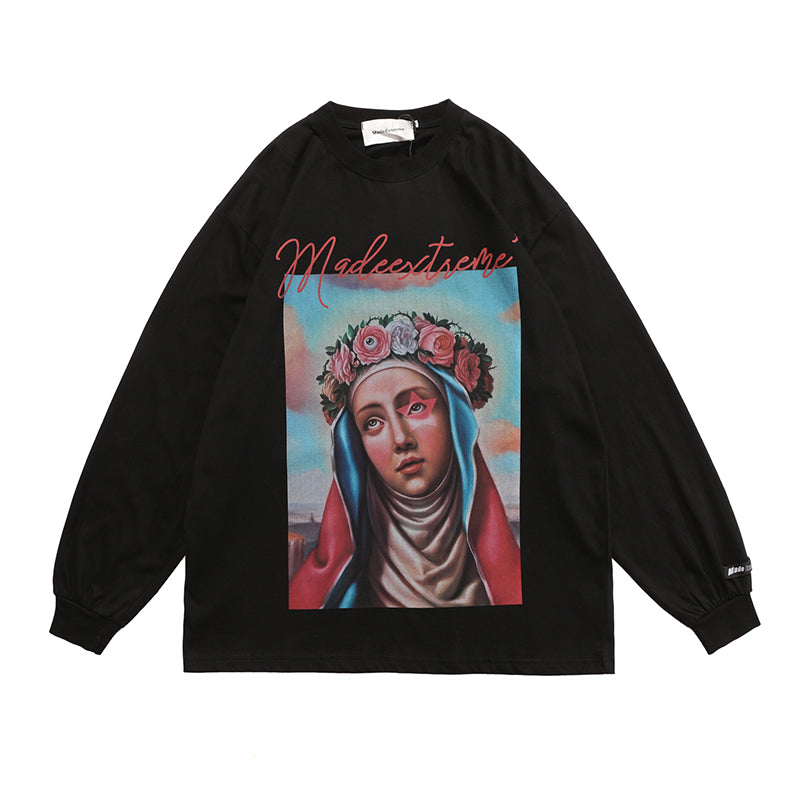 European And American High Street Retro Portrait Print Long-sleeved T-shirt