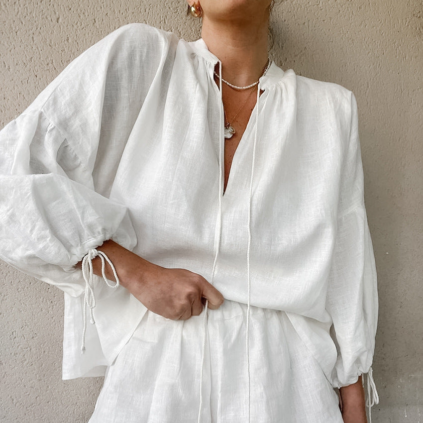 Lace-up Suits Loose V-neck Lantern Sleeve Top And Ruffles