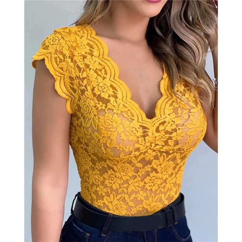 New Women Slim Tunic Lace V Neck T-shirt 2021 Sexy Elegant Summer Short Sleeve T Shirt Lace Flower Plus Size Tops T-shirts