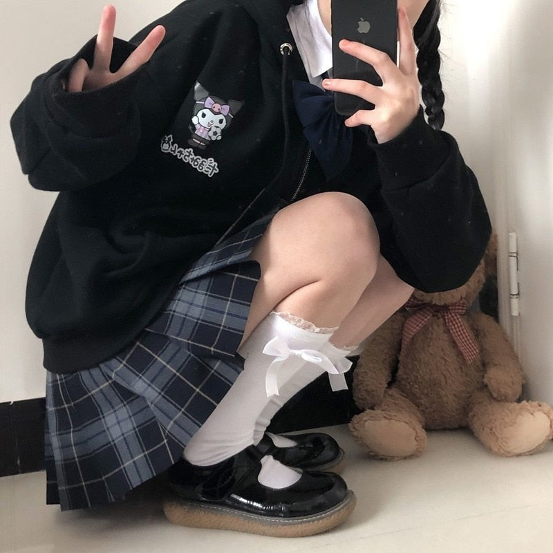 Anime Print Hoodie Women Long Sleeve Cute Print Plus Velvet