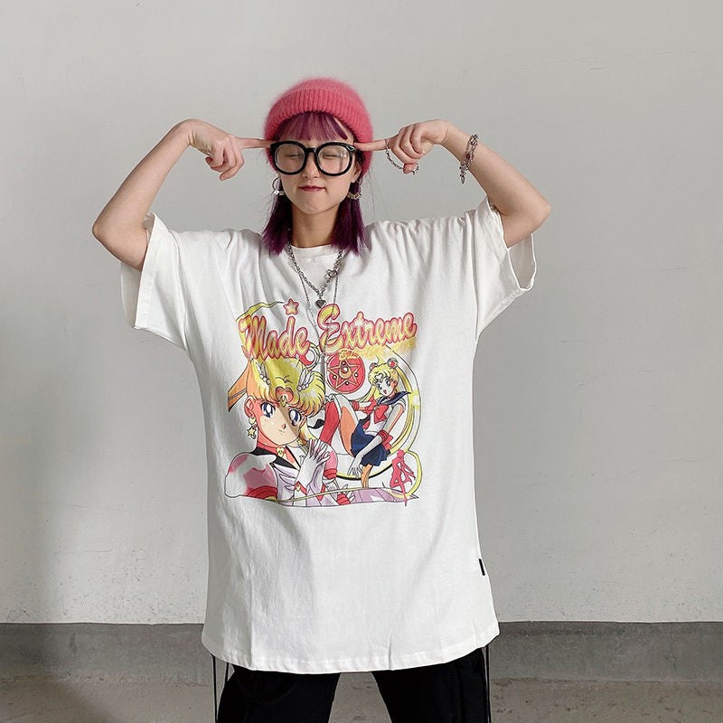 NiceMix vintage anime cartoon t shirt women clothes gothic tshirt streetwear print loose tops Korean summer black t-shirt