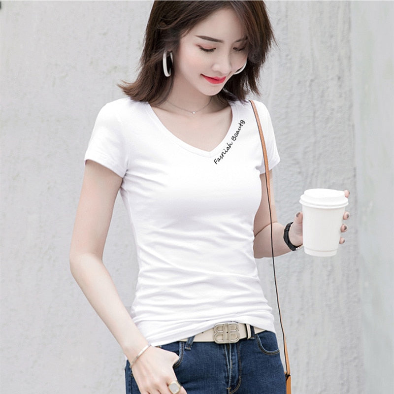 Fashion Summer Top Women V Neck T Shirt Slim Fit Stretch