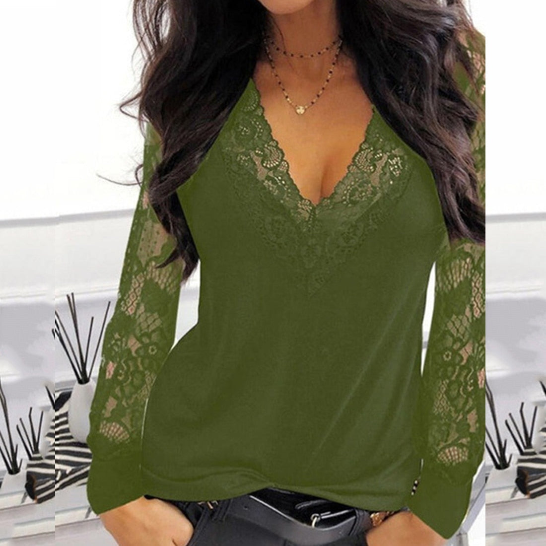 Casual V-neck Lace Long Sleeve T-shirt for Women Spring Winter