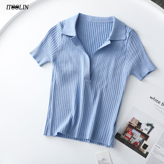 Crop Top Female Polo Shirts Summer Short Sleeve T-shirt