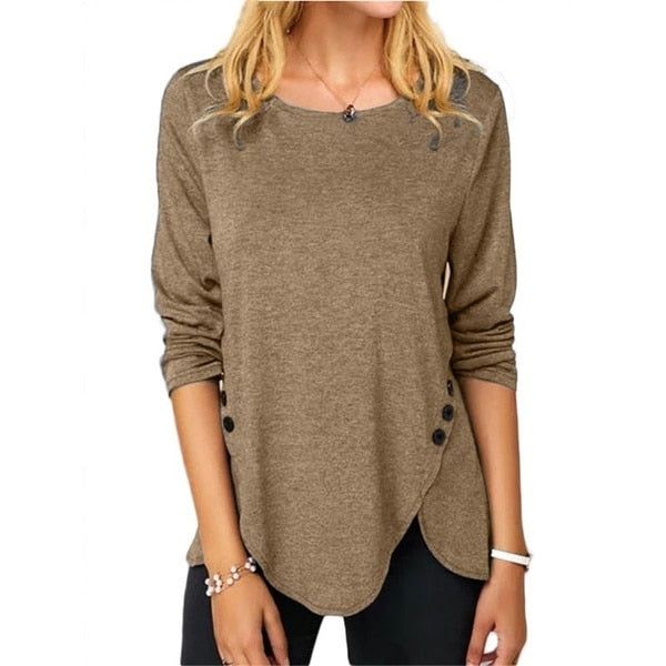 Women Round Neck Long Sleeves Button T-Shirt Color