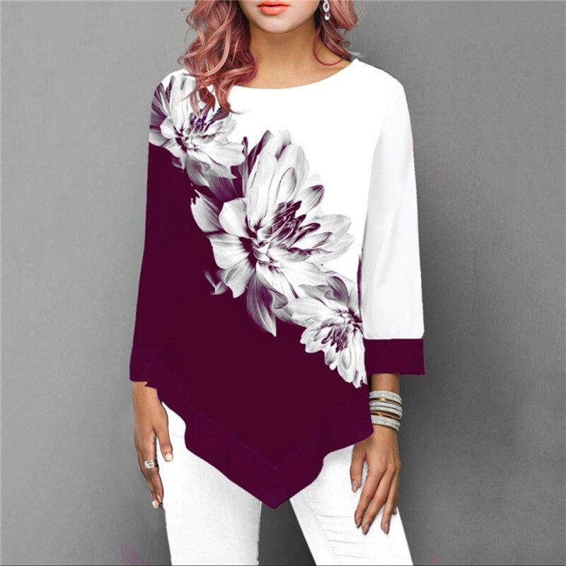 Women T-Shirt Elegant Floral Print Loose Three Quarter