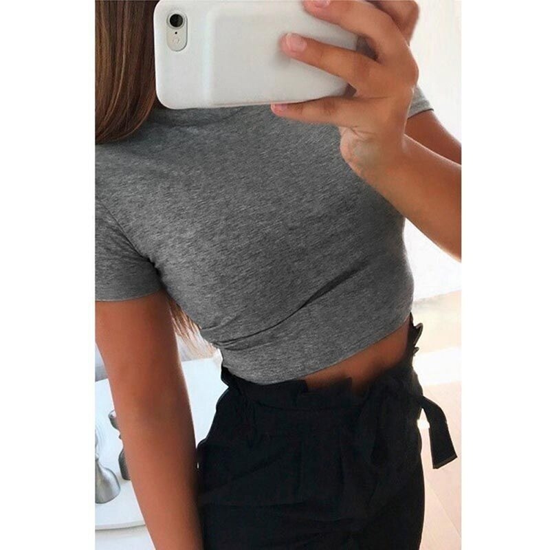 Summer Women Fashion Crop Top Shirt Solid Color O-Neck