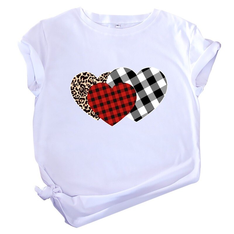 JCGO Summer Women T Shirt Cotton Plus Size 5XL Cute Plaid Heart Print Graphic Tees Tops Short Sleeve O-Neck Casual Woman Tshirts