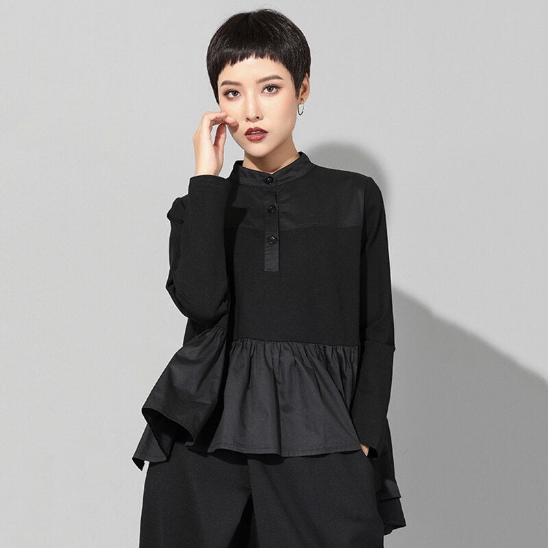 New Spring Autumn Stand Collar Long Sleeve Black Loose Hem