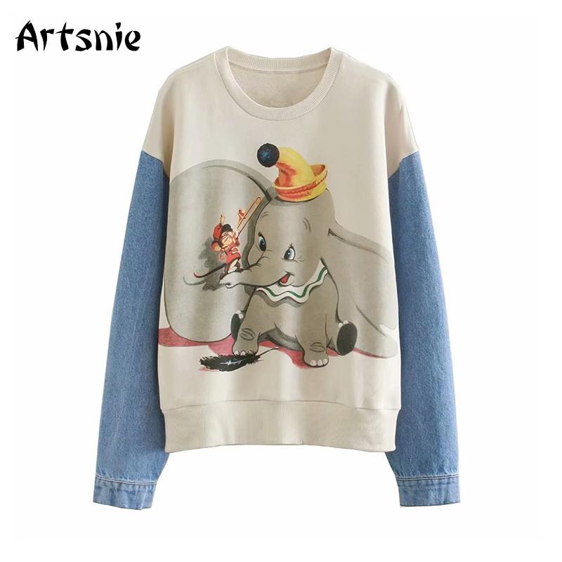 Dumbo Cartoon Patchwork Sweatshirts Women Winter Long Sleeve