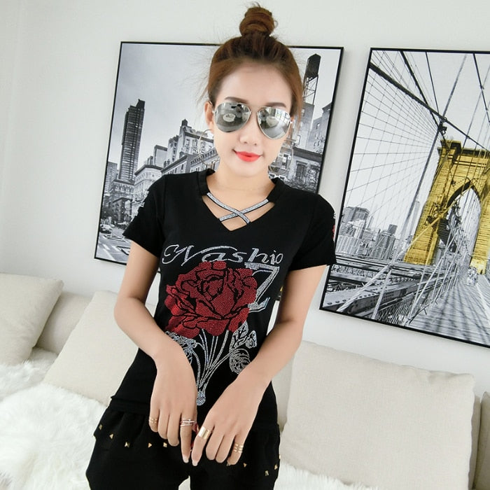 Summer Fashion Korean Clothes T-shirt Sexy Hollow Out Diamonds