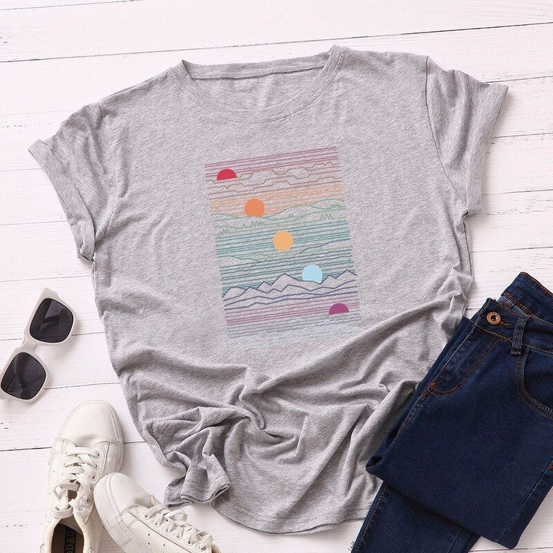 Summer Women tshirt Cotton Plus Size 5XL Casual Fashion Short Sleeve Sunrise Graphic Print t shirt Funny Women Tee Tops