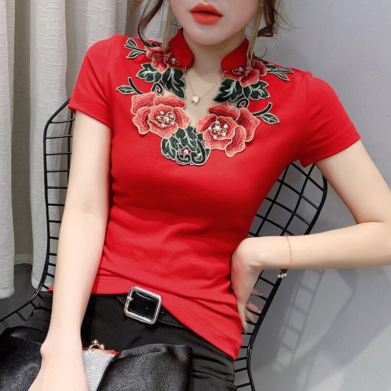 Women Cotton T-Shirts New Short Sleeve V-neck Tee Tops