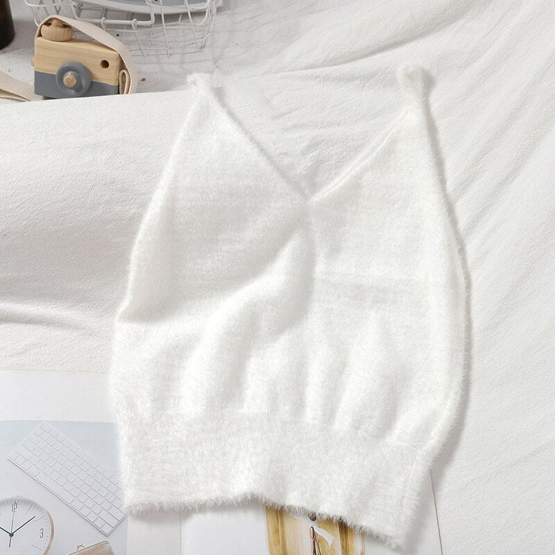 Women Summer Solid Fuzzy Knitted Crop Tops V Neck Sexy Cosy