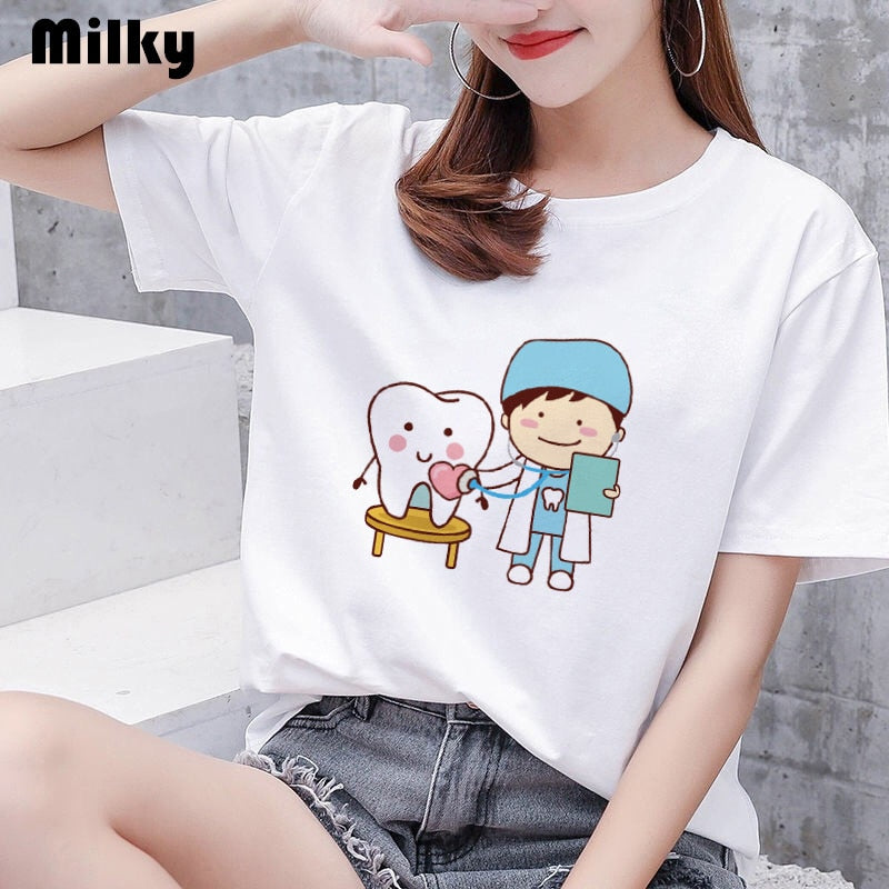 Aesthetic funny tooth dentist women's T-shirt 90s Harajuku Kawaii O-neck T-shirt pattern fashion printing Plus size women shirts