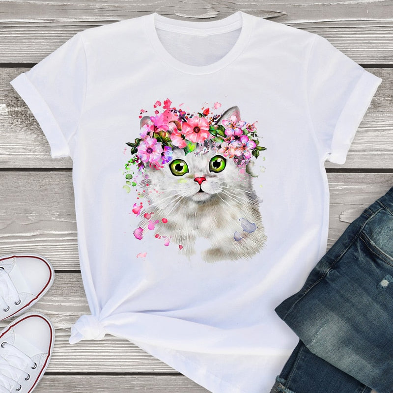 Women Graphic Short Sleeve Cartoon Dog Leopard