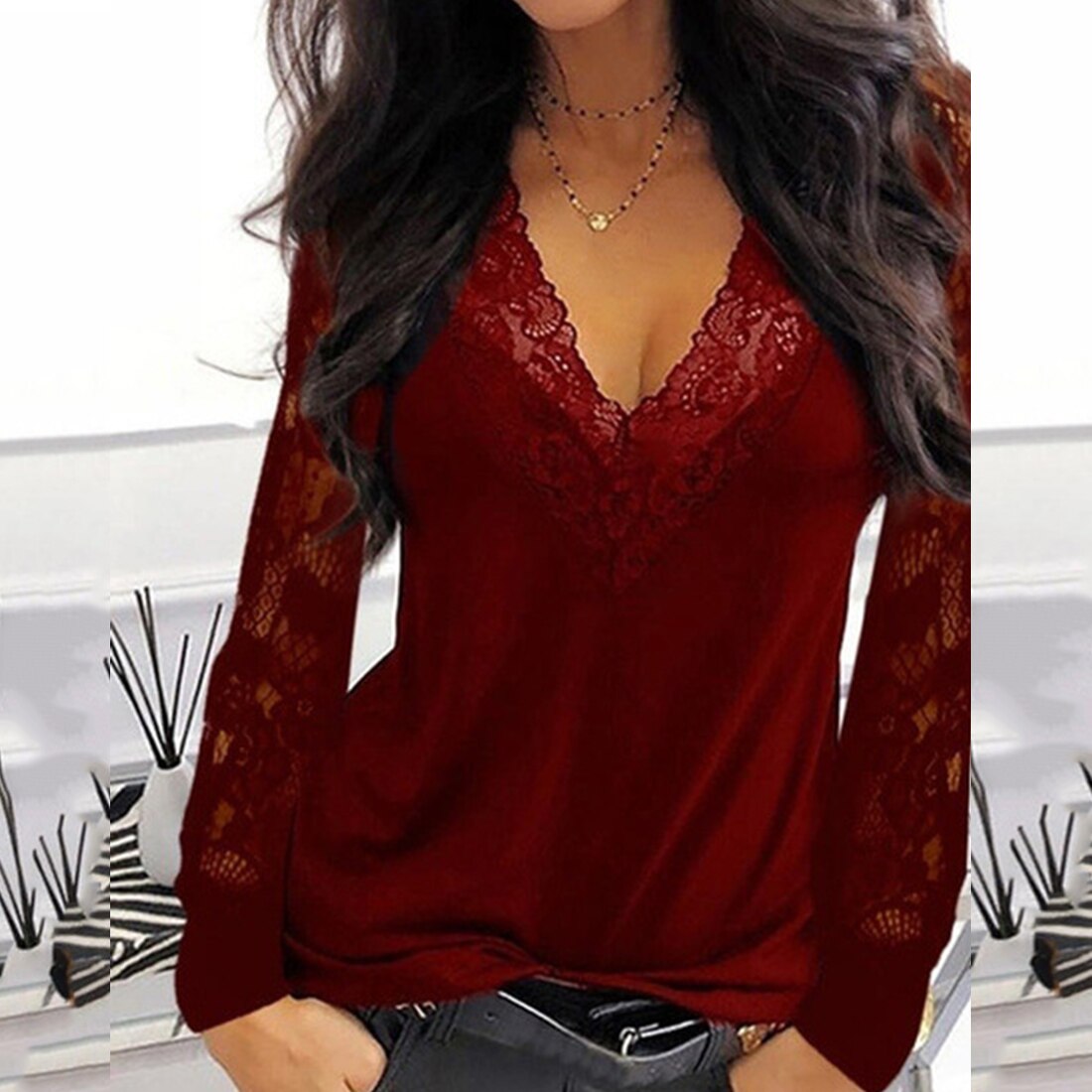 Casual V-neck Lace Long Sleeve T-shirt for Women Spring Winter