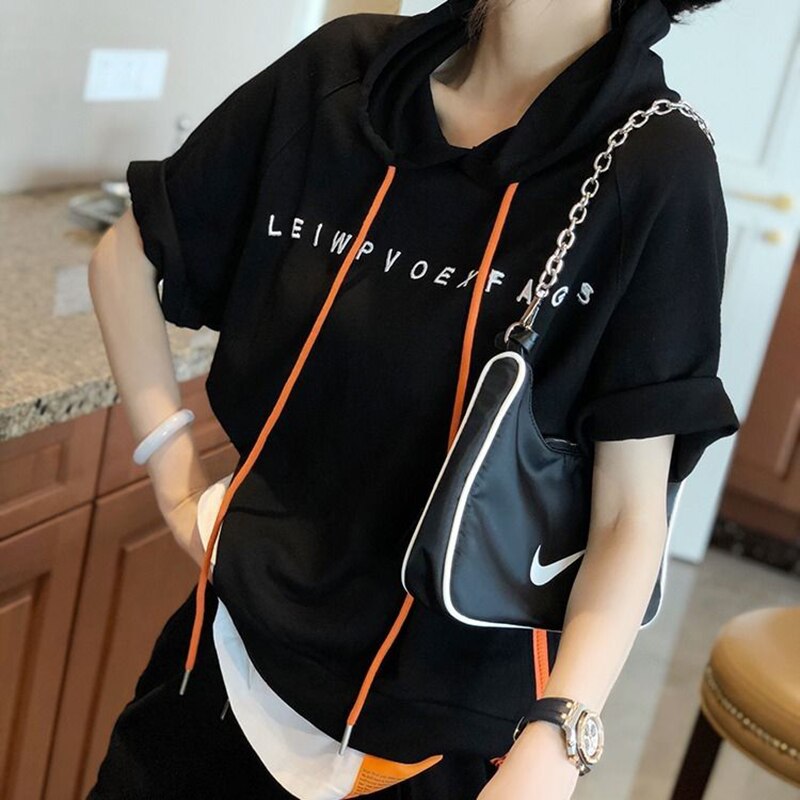 Summer Fashion Women Short Sleeve Loose T-shirt All-matched Casual Hooded Tee Shirt Femme Letter Print Tops 100% Cotton S823