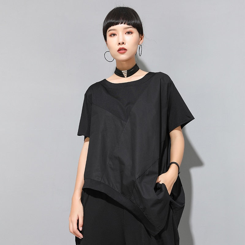 [EAM] Women Black Irregular Split Joint Big Size T-shirt New Round Neck Long Sleeve Fashion Tide Spring Summer