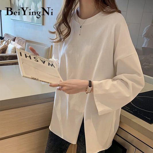 Beiyingni Loose Plus Size T-shirt Female Long Sleeve Casual Vintage Split Tops Woman Spring Autumn BF Cotton Plain T Shirt Women