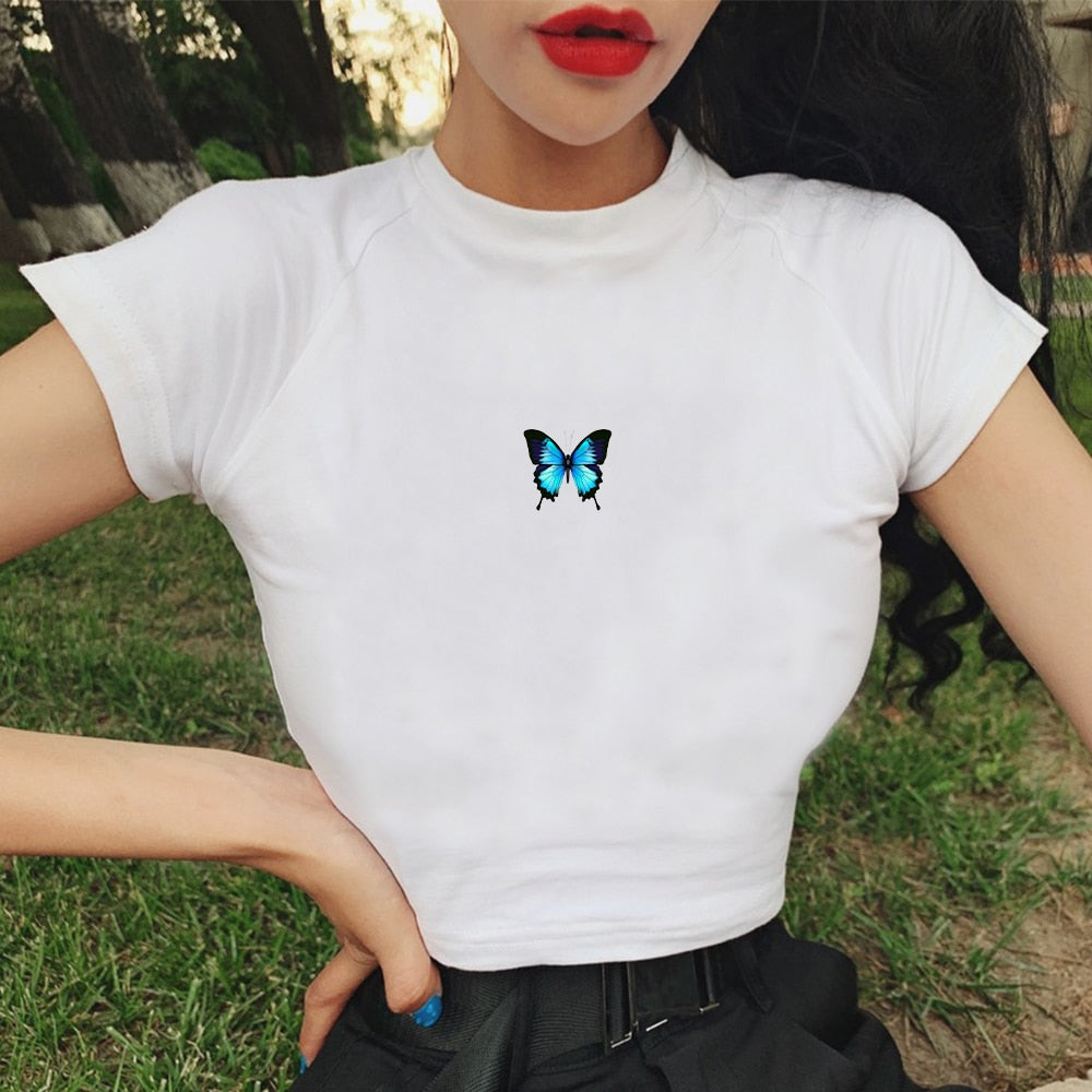 Fashion Cartoon Blue Butterfly Print Crop Top