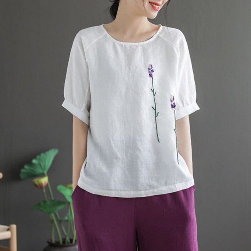 T-shirts Women Summer Vintage Floral Embroidery Casual Tops