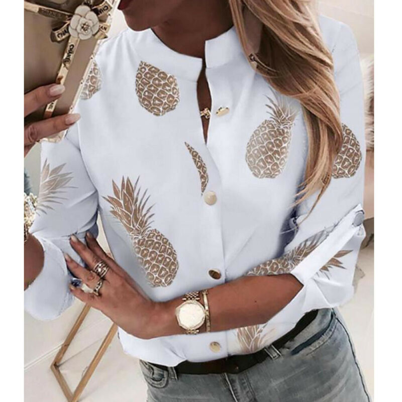 Fashion Women Long Sleeve Gold Pineapple Print Blouse V Neck Shirt