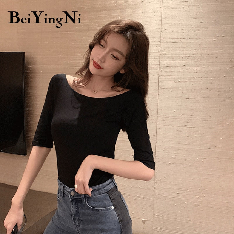 Beiyingni Slash Neck Women T-shirt Cotton Half Sleeve Harajuku Slim Casual T Shirt Female Elastic Plain Tshirts Woman Tee Tops