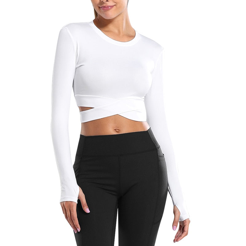 Women Long Sleeve Running Shirts Sexy Exposed Navel Yoga T-shirts