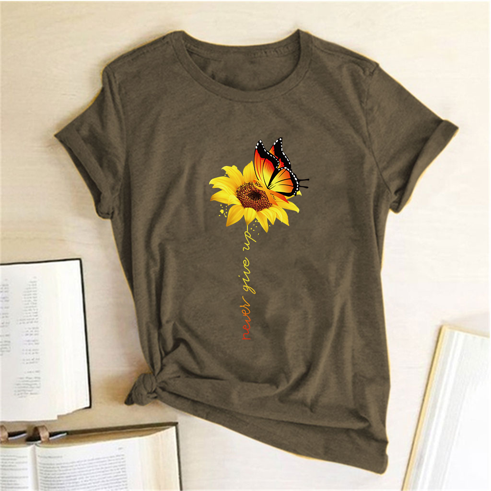 Aesthetic Cotton T Shirt Women Harajuku Graphic Tees Shirt Femme Sun Flower Butterfly White Women's T-shirt Never Give Up Tshirt