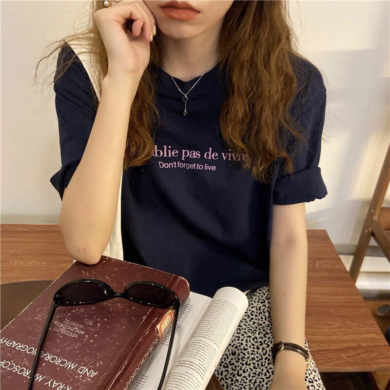 Letter Printed Thin Short Sleeve Cotton O-neck Fashion Vintage Sweet Fresh College Wind Basic 2021 Summer Women T-shirts