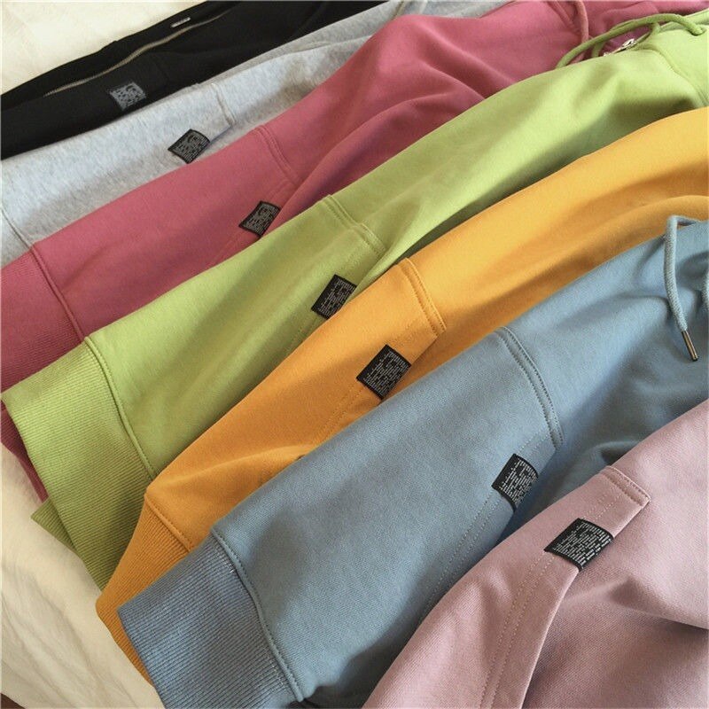 Hoodies women zipper kangaroo pocket casual loose solid color sweatshirt female