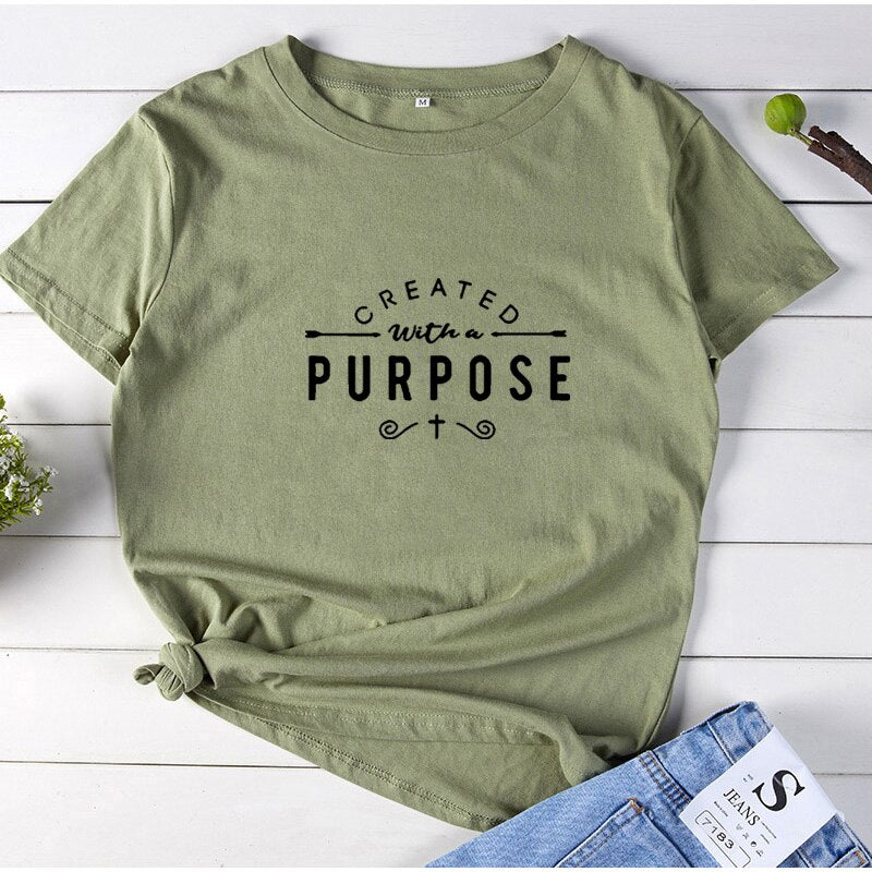 CREATED with A PURPOSE Letter T-shirt Women Cotton O-neck Personality Tshirt Women Fashion Loose Short Sleeve Women T Shirt