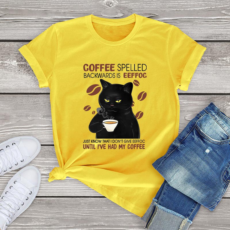 100% cotton t shirt women Black Cat Coffee Spelled Backwards Is Funny Cat Coffee tops unisex T Shirt harajuku women's tees gift